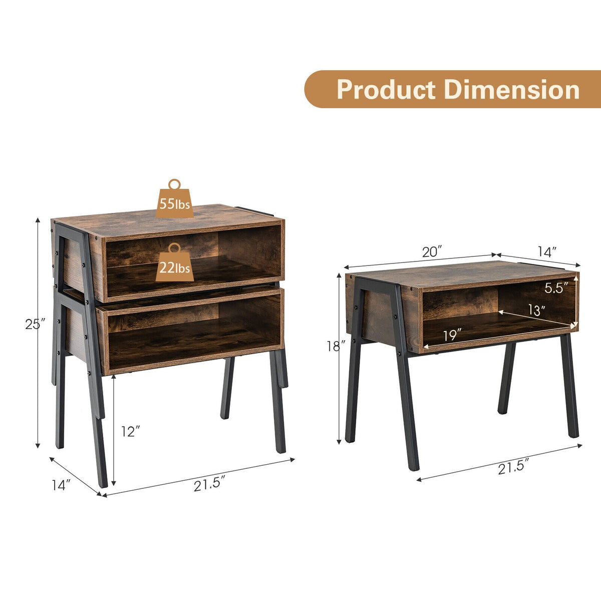 1 Piece Stackable Night Stand Shelf Accent Table with Metal Frame